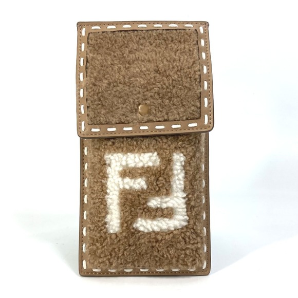 FENDI 7AS047 Smartphone Case Phone Pouch FF Fur Leather Women's Beige - Picture 1 of 12